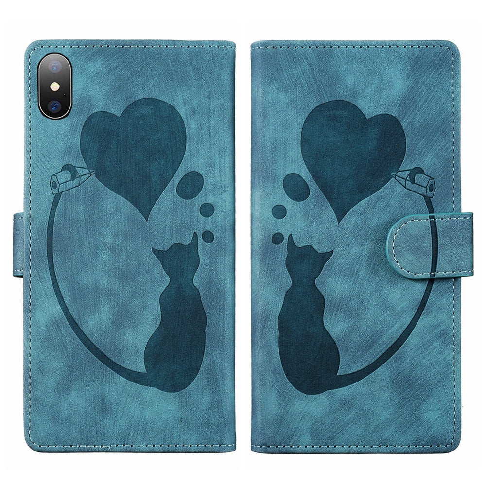 iPhone X Heart & Cat Embossed Multi-Functional Pen Leather Wallet Phone Case with Stand and Card Slots