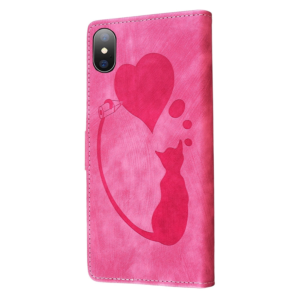 iPhone XS Heart & Cat Embossed Multi-Functional Pen Leather Wallet Phone Case with Stand and Card Slots