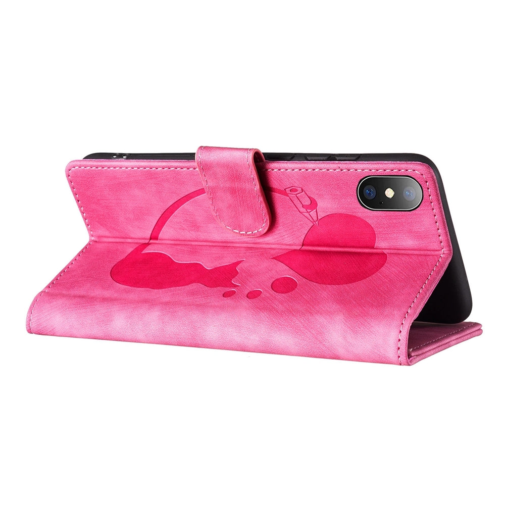 iPhone XS Heart & Cat Embossed Multi-Functional Pen Leather Wallet Phone Case with Stand and Card Slots