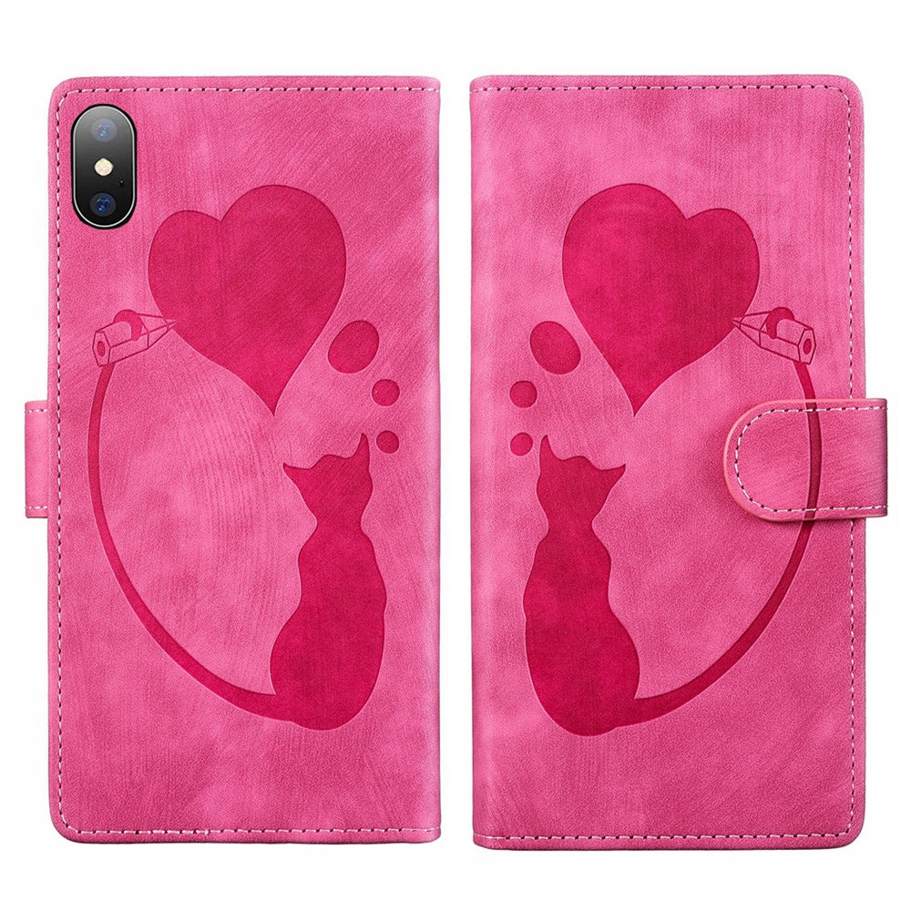 iPhone XS Heart & Cat Embossed Multi-Functional Pen Leather Wallet Phone Case with Stand and Card Slots