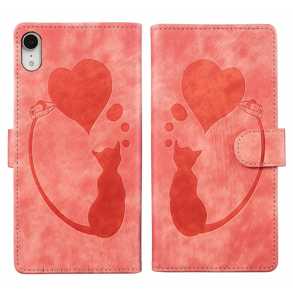 iPhone XR Heart & Cat Embossed Multi-Functional Pen Leather Wallet Phone Case with Stand and Card Slots