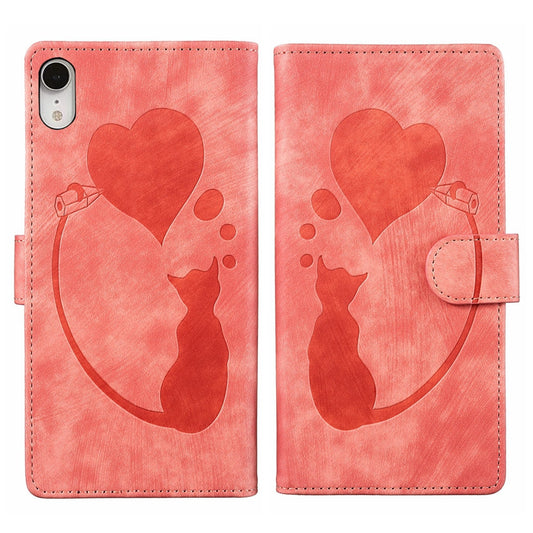 iPhone XR Heart & Cat Embossed Multi-Functional Pen Leather Wallet Phone Case with Stand and Card Slots