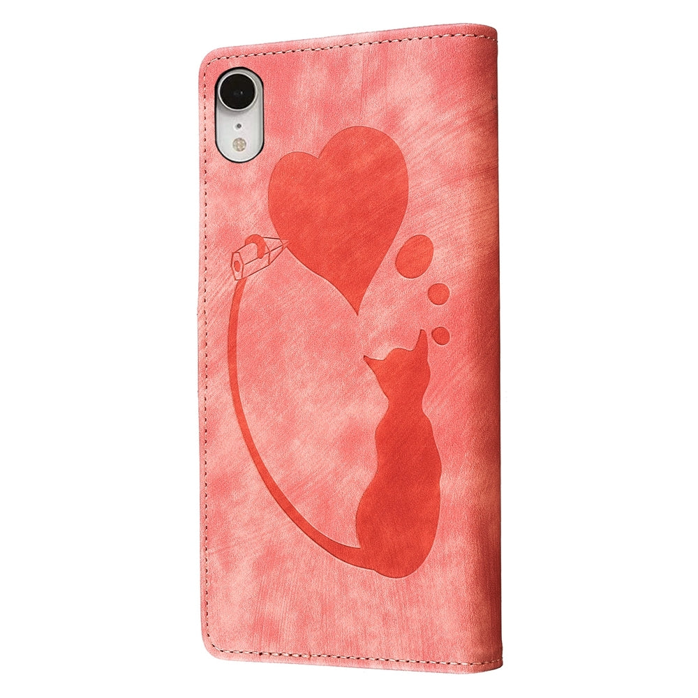 iPhone XR Heart & Cat Embossed Multi-Functional Pen Leather Wallet Phone Case with Stand and Card Slots