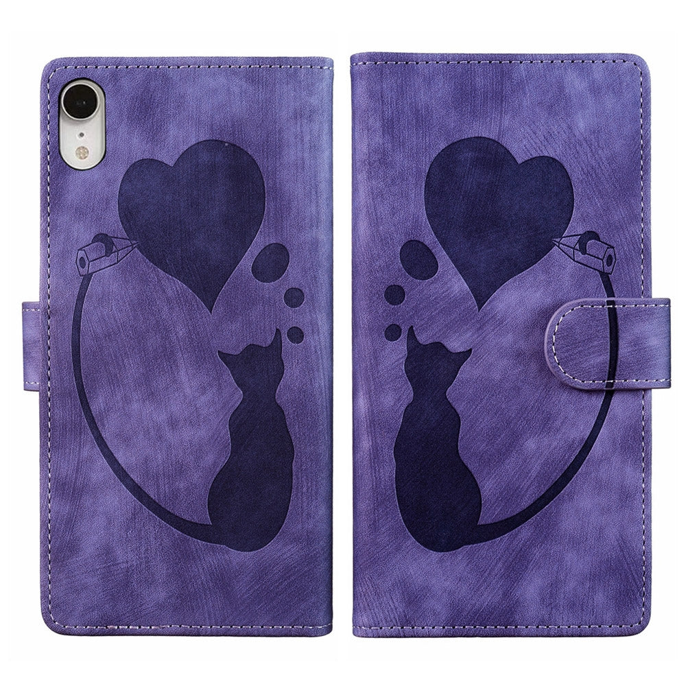 iPhone XR Heart & Cat Embossed Multi-Functional Pen Leather Wallet Phone Case with Stand and Card Slots