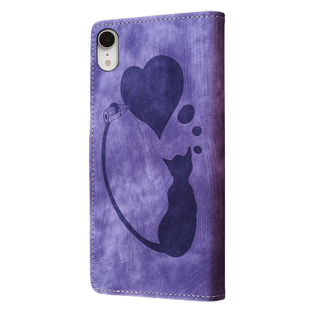 iPhone XR Heart & Cat Embossed Multi-Functional Pen Leather Wallet Phone Case with Stand and Card Slots