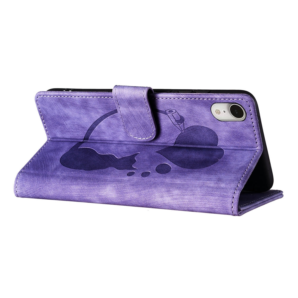 iPhone XR Heart & Cat Embossed Multi-Functional Pen Leather Wallet Phone Case with Stand and Card Slots