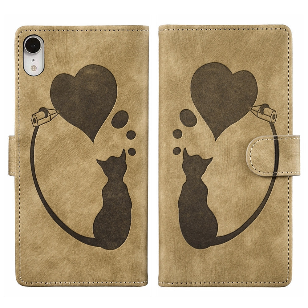 iPhone XR Heart & Cat Embossed Multi-Functional Pen Leather Wallet Phone Case with Stand and Card Slots
