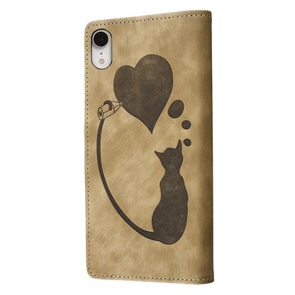 iPhone XR Heart & Cat Embossed Multi-Functional Pen Leather Wallet Phone Case with Stand and Card Slots