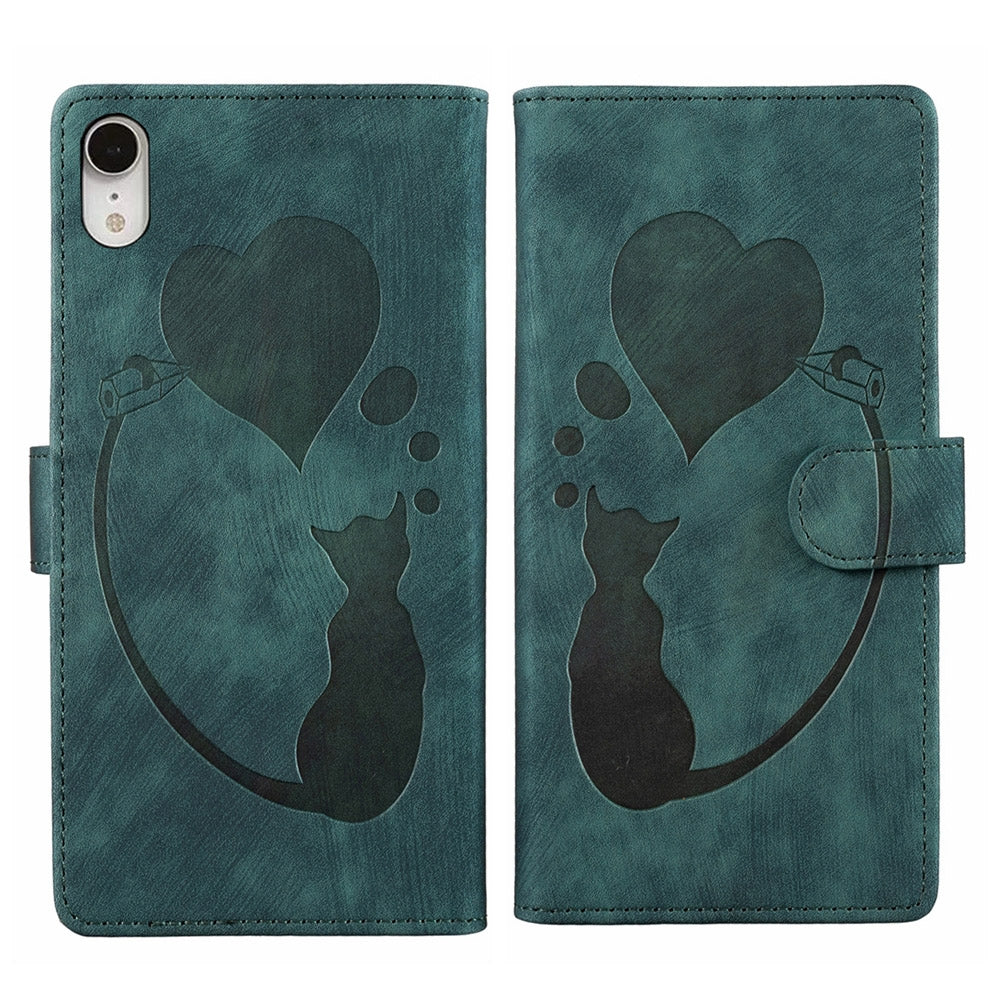 iPhone XR Heart & Cat Embossed Multi-Functional Pen Leather Wallet Phone Case with Stand and Card Slots