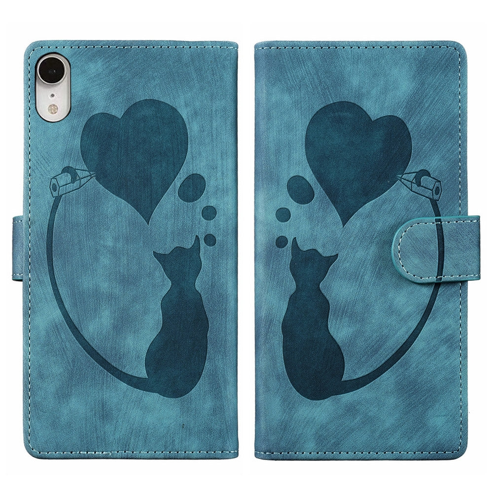 iPhone XR Heart & Cat Embossed Multi-Functional Pen Leather Wallet Phone Case with Stand and Card Slots