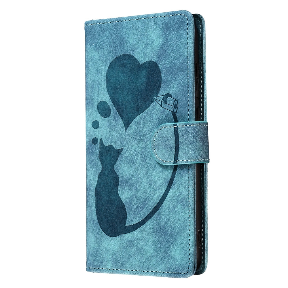 iPhone XR Heart & Cat Embossed Multi-Functional Pen Leather Wallet Phone Case with Stand and Card Slots