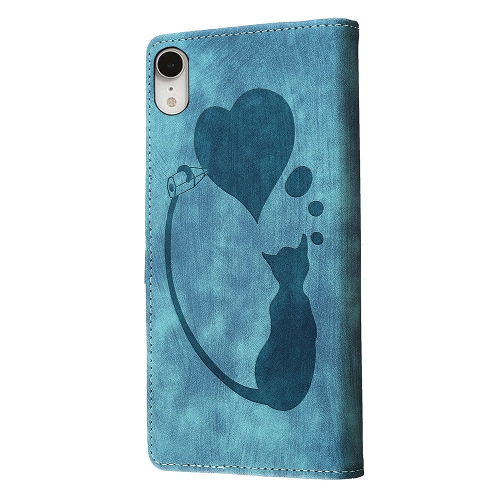 iPhone XR Heart & Cat Embossed Multi-Functional Pen Leather Wallet Phone Case with Stand and Card Slots