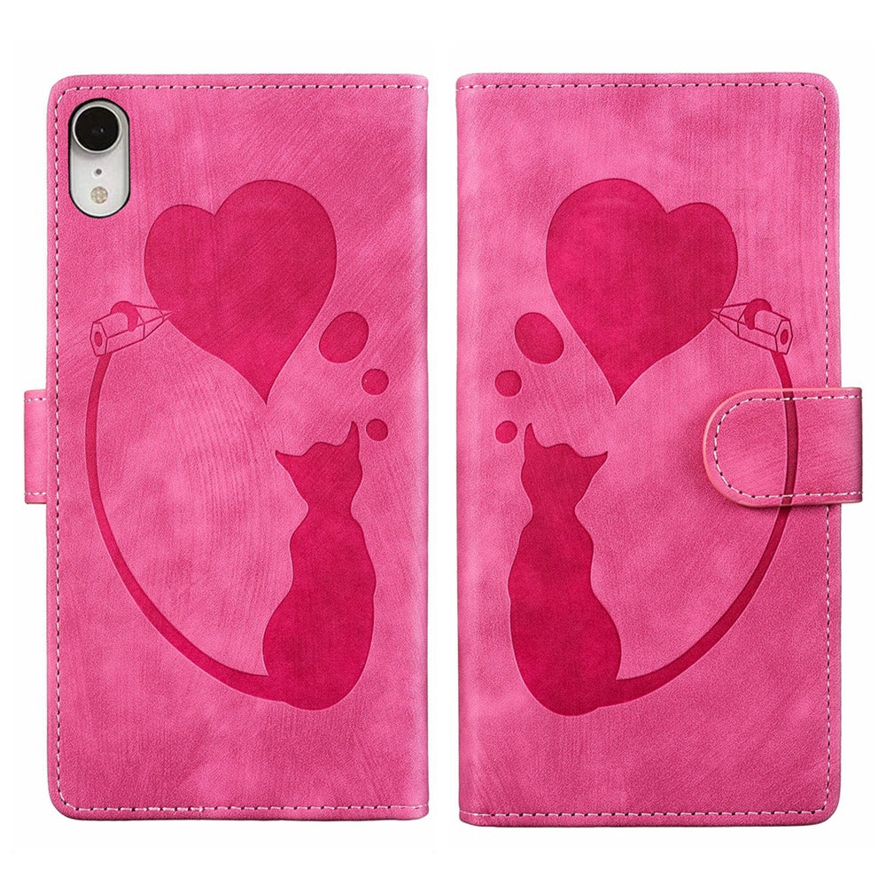 iPhone XR Heart & Cat Embossed Multi-Functional Pen Leather Wallet Phone Case with Stand and Card Slots
