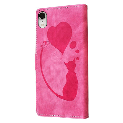 iPhone XR Heart & Cat Embossed Multi-Functional Pen Leather Wallet Phone Case with Stand and Card Slots