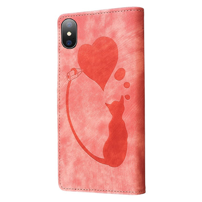 iPhone XS Max Heart & Cat Embossed Multi-Functional Pen Leather Wallet Phone Case with Stand and Card Slots