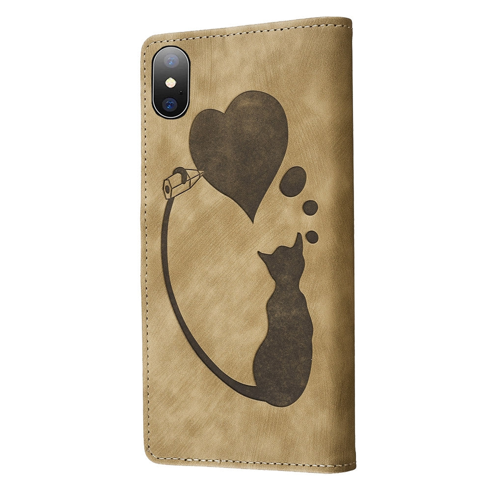 iPhone XS Max Heart & Cat Embossed Multi-Functional Pen Leather Wallet Phone Case with Stand and Card Slots