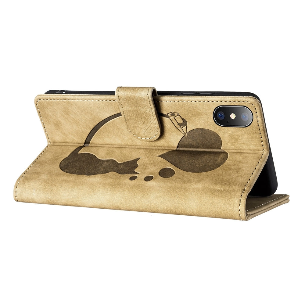iPhone XS Max Heart & Cat Embossed Multi-Functional Pen Leather Wallet Phone Case with Stand and Card Slots