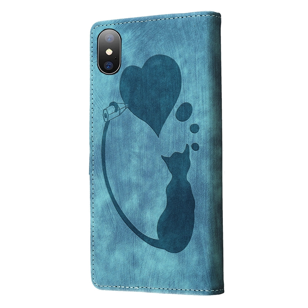 iPhone XS Max Heart & Cat Embossed Multi-Functional Pen Leather Wallet Phone Case with Stand and Card Slots