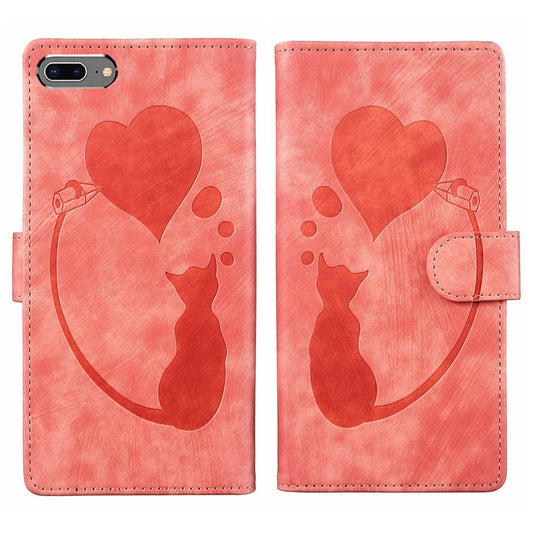 iPhone 8 Plus Heart & Cat Embossed Multi-Functional Pen Leather Wallet Phone Case with Stand and Card Slots