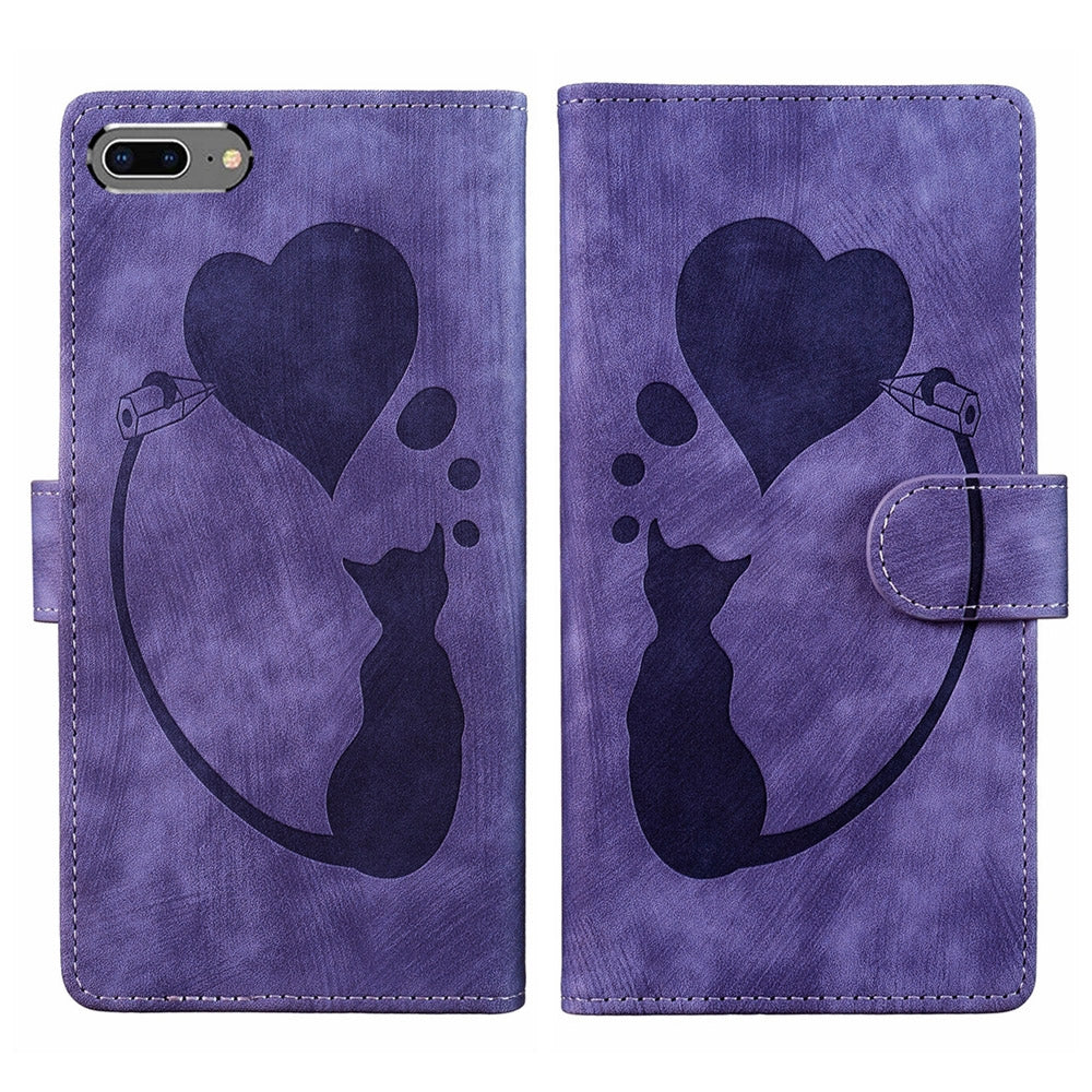 iPhone 7 Plus Heart & Cat Embossed Multi-Functional Pen Leather Wallet Phone Case with Stand and Card Slots