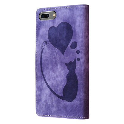 iPhone 7 Plus Heart & Cat Embossed Multi-Functional Pen Leather Wallet Phone Case with Stand and Card Slots
