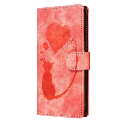 iPhone 13 mini Heart & Cat Embossed Multi-Functional Pen Leather Wallet Phone Case with Stand and Card Slots