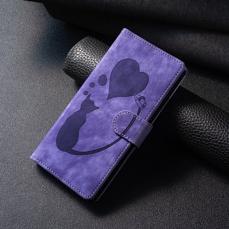 iPhone 13 mini Heart & Cat Embossed Multi-Functional Pen Leather Wallet Phone Case with Stand and Card Slots