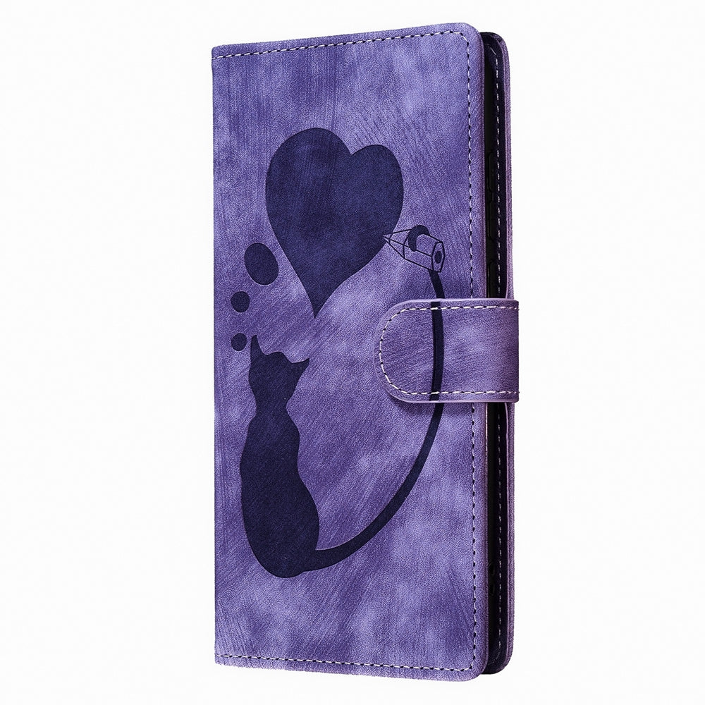 iPhone 13 mini Heart & Cat Embossed Multi-Functional Pen Leather Wallet Phone Case with Stand and Card Slots