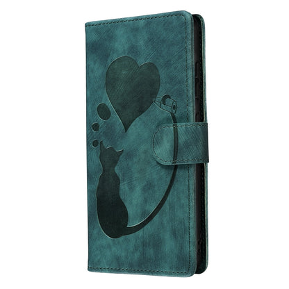 iPhone 13 mini Heart & Cat Embossed Multi-Functional Pen Leather Wallet Phone Case with Stand and Card Slots