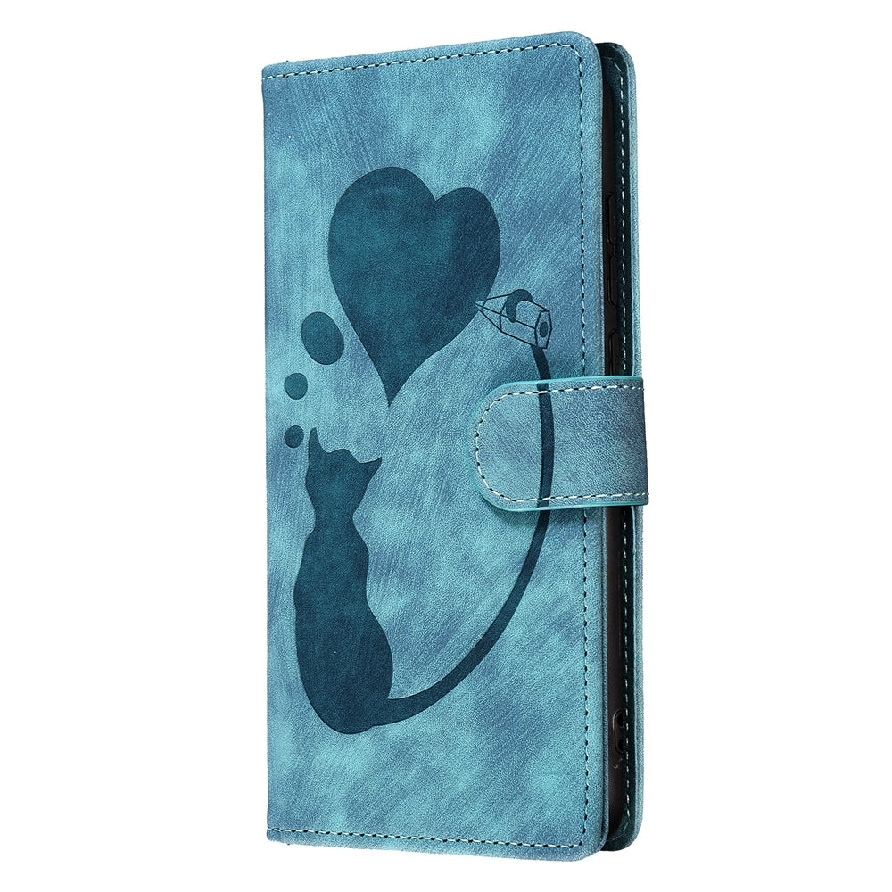 iPhone 13 mini Heart & Cat Embossed Multi-Functional Pen Leather Wallet Phone Case with Stand and Card Slots