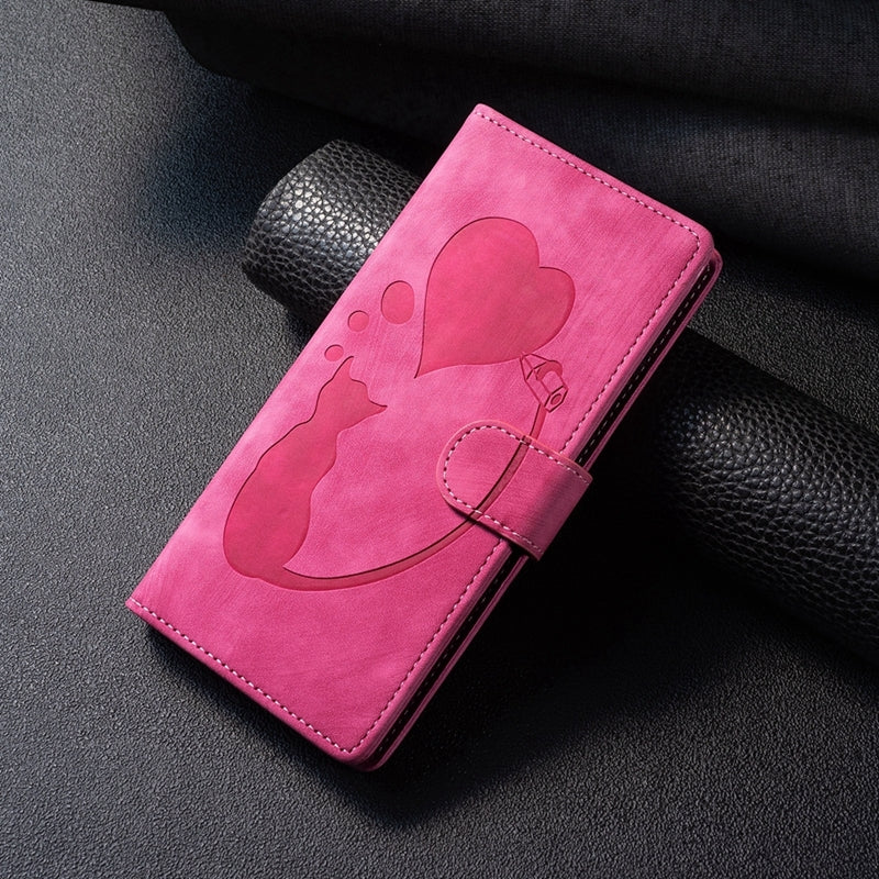 iPhone 13 mini Heart & Cat Embossed Multi-Functional Pen Leather Wallet Phone Case with Stand and Card Slots