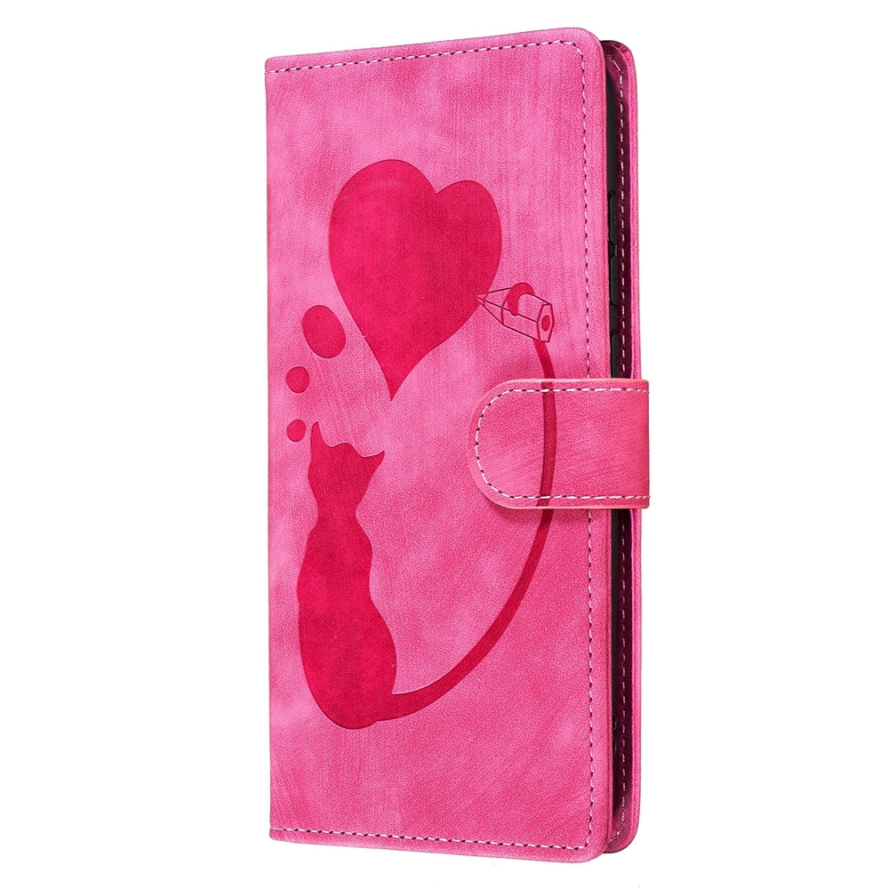 iPhone 13 mini Heart & Cat Embossed Multi-Functional Pen Leather Wallet Phone Case with Stand and Card Slots