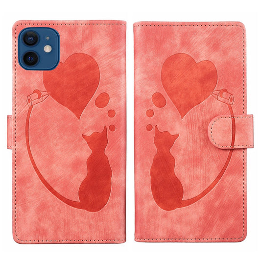 iPhone 12 mini Heart & Cat Embossed Multi-Functional Pen Leather Wallet Phone Case with Stand and Card Slots