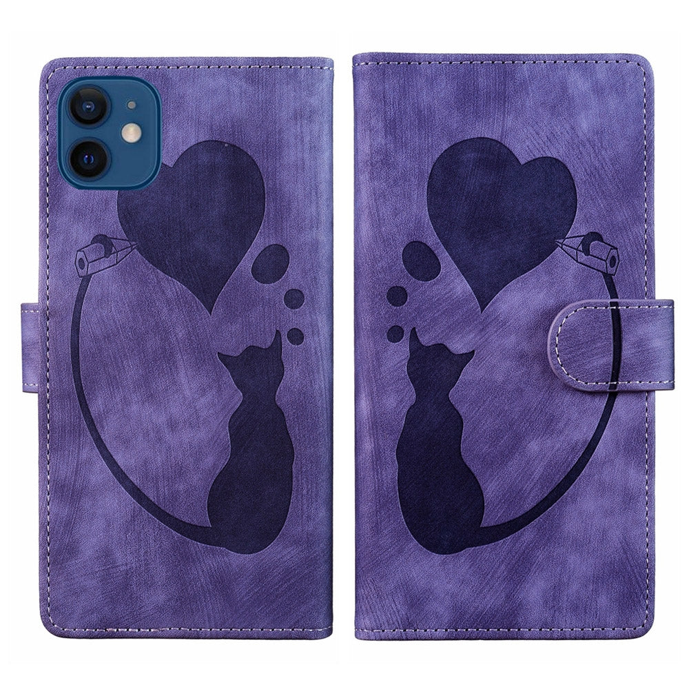 iPhone 12 mini Heart & Cat Embossed Multi-Functional Pen Leather Wallet Phone Case with Stand and Card Slots