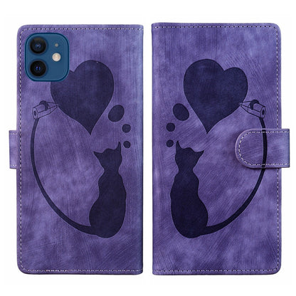 iPhone 12 mini Heart & Cat Embossed Multi-Functional Pen Leather Wallet Phone Case with Stand and Card Slots