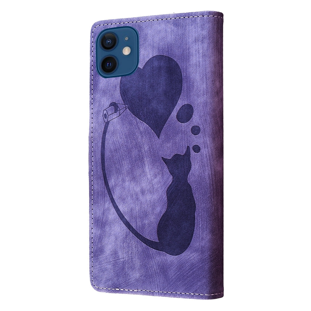 iPhone 12 mini Heart & Cat Embossed Multi-Functional Pen Leather Wallet Phone Case with Stand and Card Slots