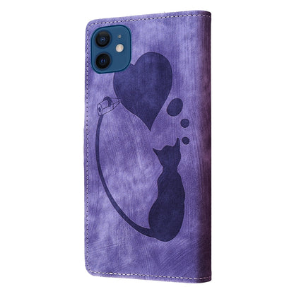 iPhone 12 mini Heart & Cat Embossed Multi-Functional Pen Leather Wallet Phone Case with Stand and Card Slots