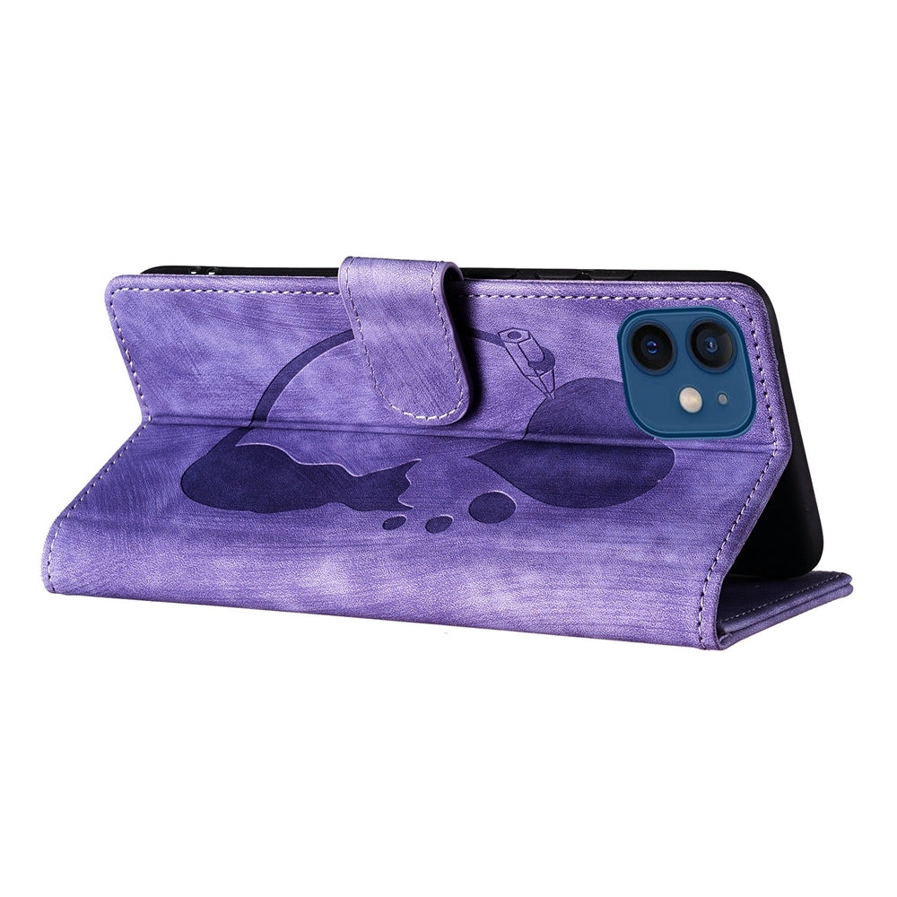 iPhone 12 mini Heart & Cat Embossed Multi-Functional Pen Leather Wallet Phone Case with Stand and Card Slots