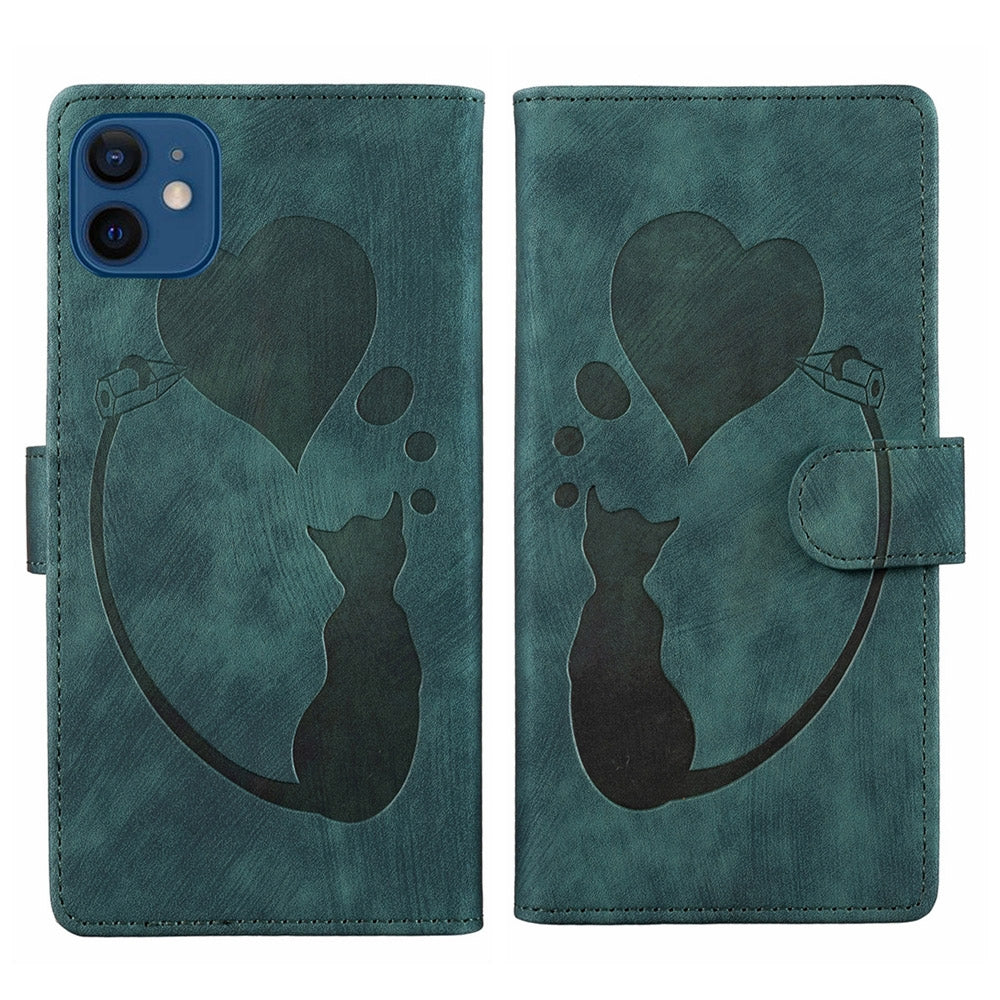 iPhone 12 mini Heart & Cat Embossed Multi-Functional Pen Leather Wallet Phone Case with Stand and Card Slots