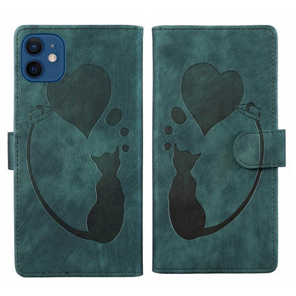 iPhone 12 mini Heart & Cat Embossed Multi-Functional Pen Leather Wallet Phone Case with Stand and Card Slots