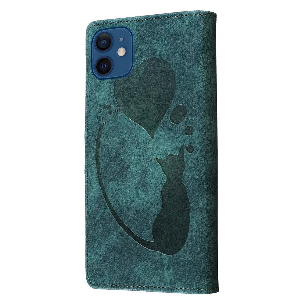 iPhone 12 mini Heart & Cat Embossed Multi-Functional Pen Leather Wallet Phone Case with Stand and Card Slots