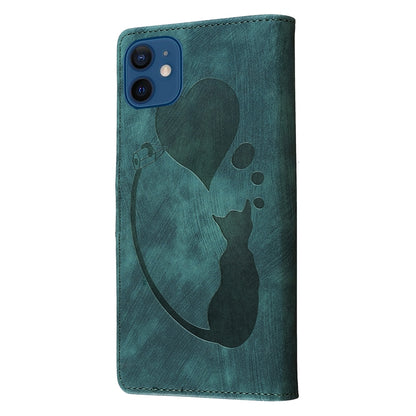 iPhone 12 mini Heart & Cat Embossed Multi-Functional Pen Leather Wallet Phone Case with Stand and Card Slots