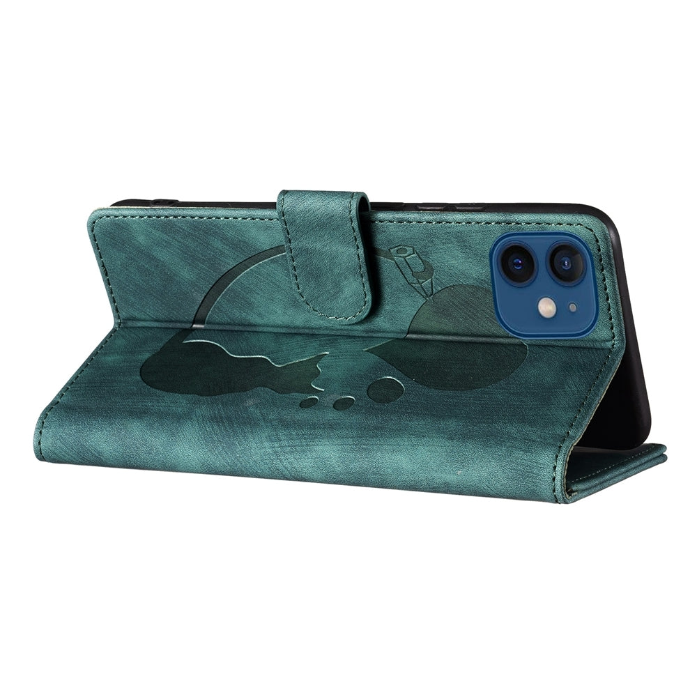 iPhone 12 mini Heart & Cat Embossed Multi-Functional Pen Leather Wallet Phone Case with Stand and Card Slots