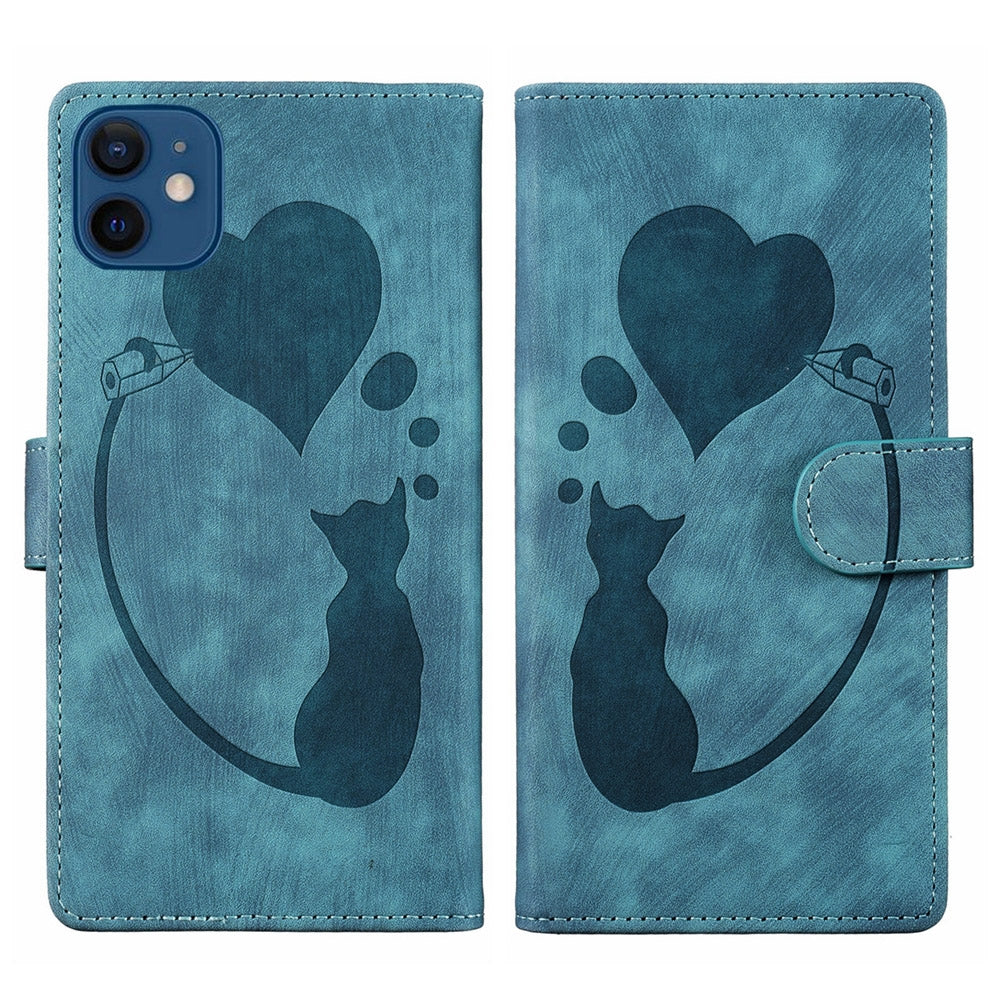 iPhone 12 mini Heart & Cat Embossed Multi-Functional Pen Leather Wallet Phone Case with Stand and Card Slots