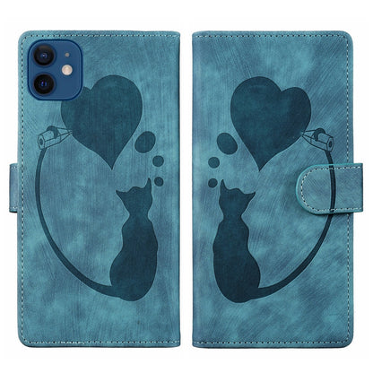 iPhone 12 mini Heart & Cat Embossed Multi-Functional Pen Leather Wallet Phone Case with Stand and Card Slots