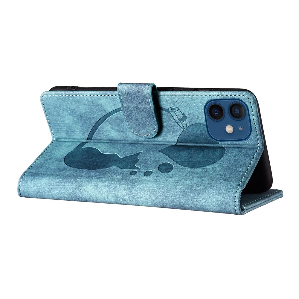 iPhone 12 mini Heart & Cat Embossed Multi-Functional Pen Leather Wallet Phone Case with Stand and Card Slots