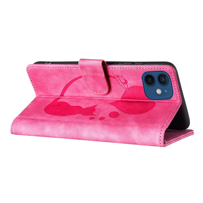 iPhone 12 mini Heart & Cat Embossed Multi-Functional Pen Leather Wallet Phone Case with Stand and Card Slots
