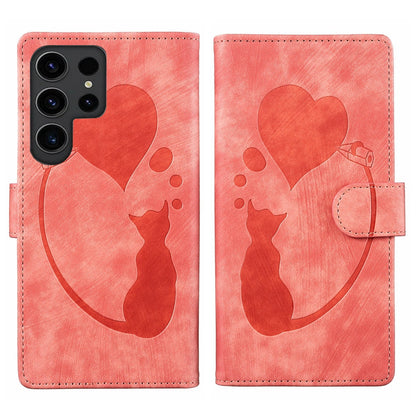 Samsung Galaxy S24 Ultra 5G Heart & Cat Embossed Multi-Functional Pen Leather Wallet Phone Case with Stand and Card Slots