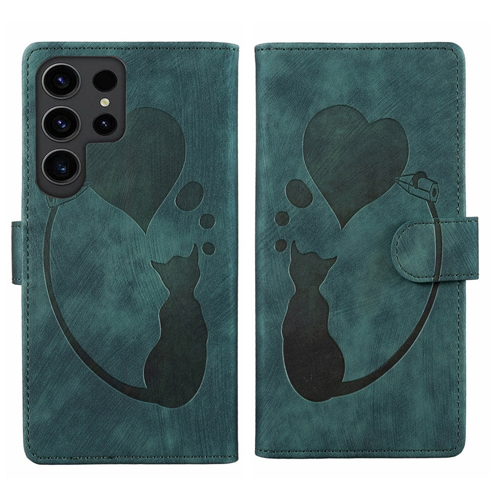 Samsung Galaxy S24 Ultra 5G Heart & Cat Embossed Multi-Functional Pen Leather Wallet Phone Case with Stand and Card Slots