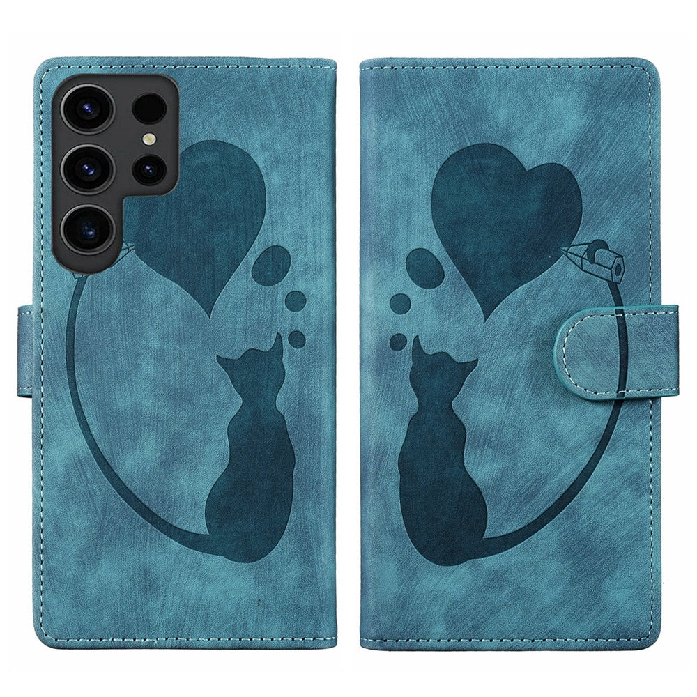 Samsung Galaxy S24 Ultra 5G Heart & Cat Embossed Multi-Functional Pen Leather Wallet Phone Case with Stand and Card Slots